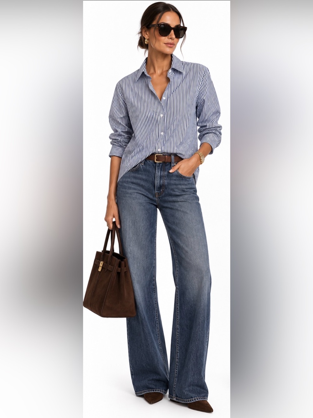 UNTUCKit Marsanne Navy and White Long Sleeve Pinstripe Button Down